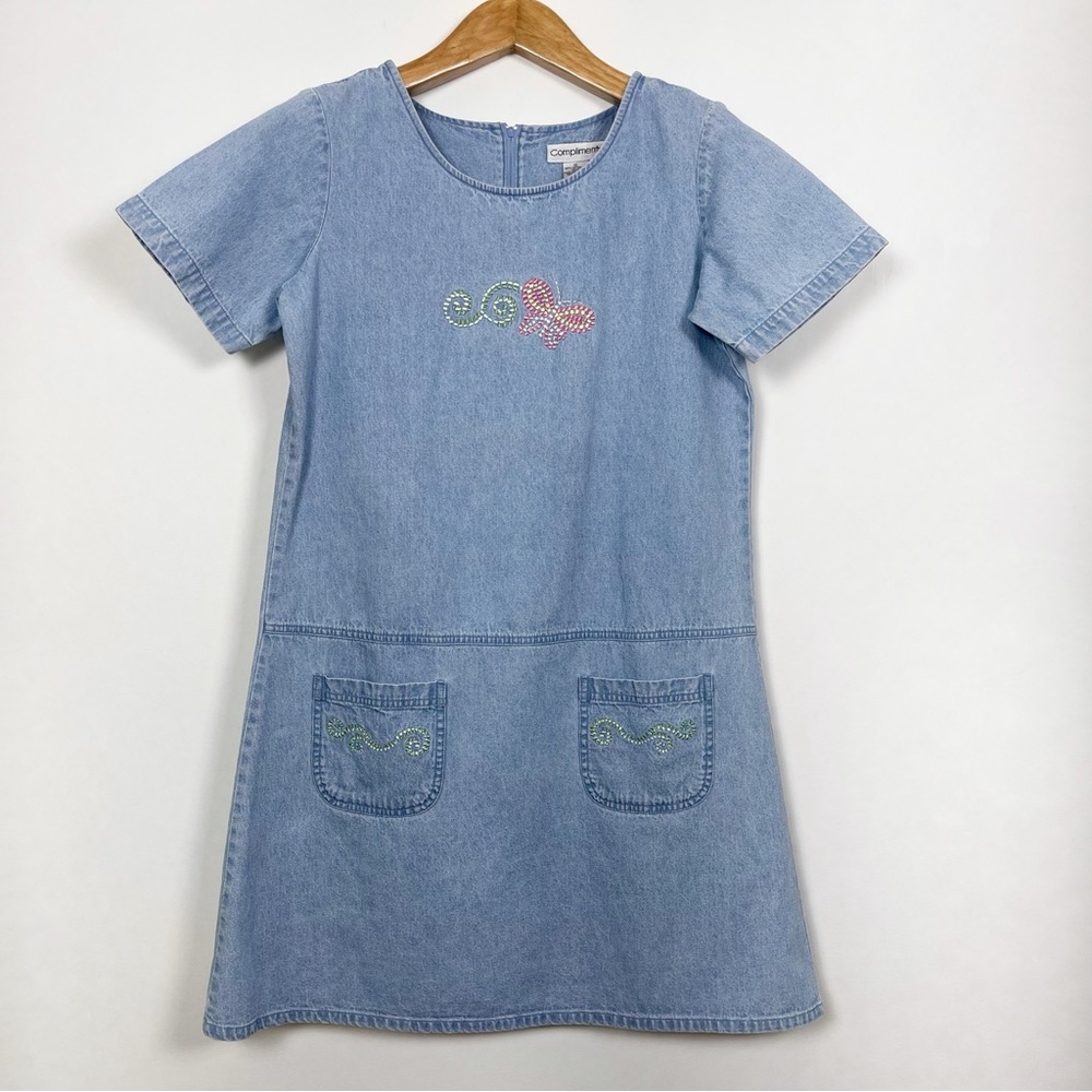 Vintage Blue Denim Short Sleeve Dress Embroidered Butterfly Pockets Size 10